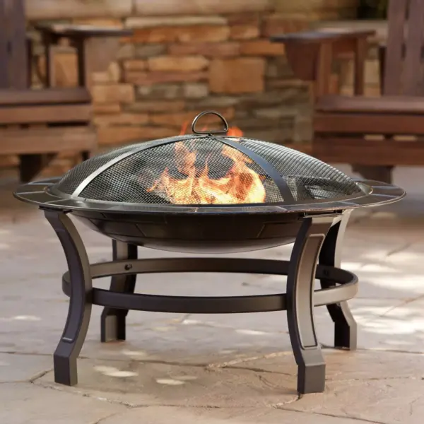 John Timberland Iron Outdoor Fire Pit Round 30" Bowl Brick Steel Wood Burning With Spark Screen and Fire Poker for Outside Backyard Patio Camping