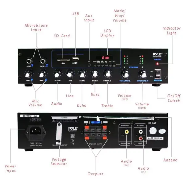 Pyle PT506BT 600 Watt Compact Bluetooth Home Audio Power Amplifier Stereo Receiver Sound System with MP3/USB/SD/AUX Playback and Mic Inputs (2 Pack)