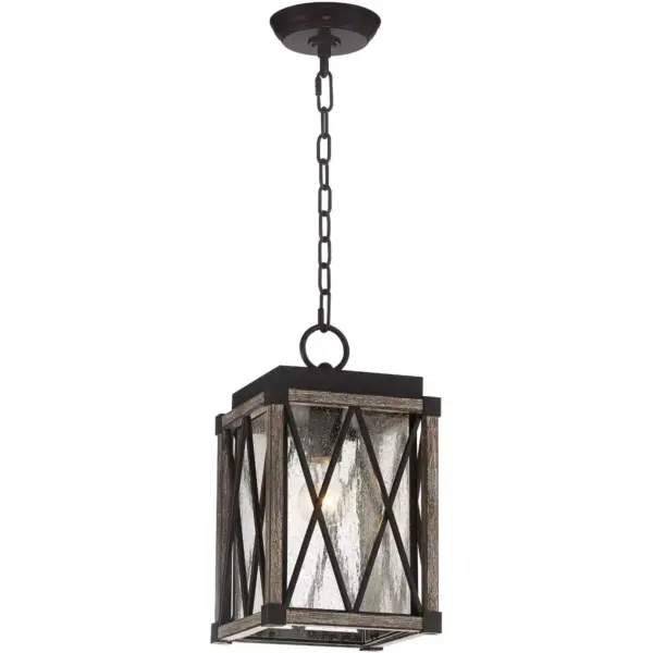 Possini Euro Design Rustic Outdoor Ceiling Light Hanging Bronze Wood 14 1/2" Clear Seedy Glass Lantern Exterior House Porch Patio