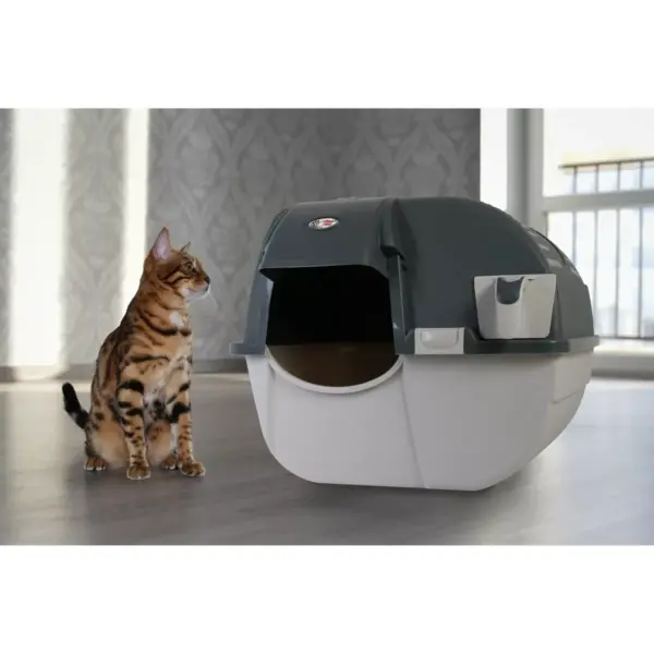 Omega Paw EZ-RA15-1 Plastic Self Cleaning Elite Roll N Clean Self Separating Enclosed Covered Litter Box for Cats and Kittens, Gray Easy Fill