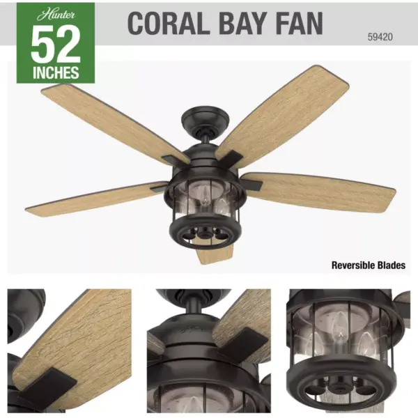 Hunter Fan Company Coral Bay 52" Outdoor Indoor Living Room Home Ceiling Fan with LED Light & Remote, Noble Bronze