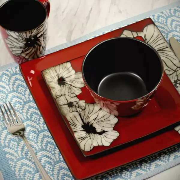 16pc Stoneware Garden Flower Dinnerware Set Red - Elama