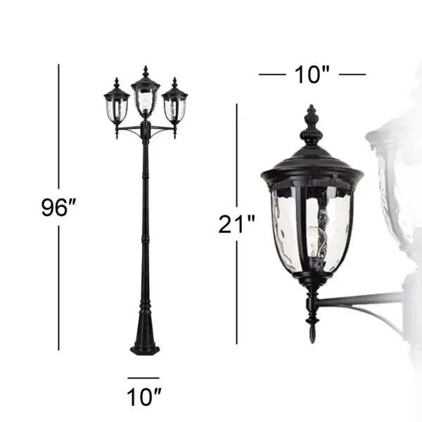 John Timberland European Outdoor Light Post Street Lantern 3 Light Texturized Black 96" Clear Hammered Glass for Exterior Yard Walkway