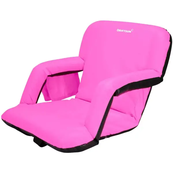 Driftsun Padded Folding Portable 6 Position Reclining Cushioned Stadium Seat Chair with Side Beverage Cup Holder and Backpack Carry Straps, Pink