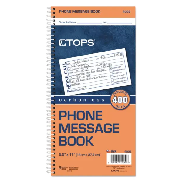 TOPS Spiralbound Message Book 2 3/4 x 5 Two-Part Carbonless 400/Book 4003