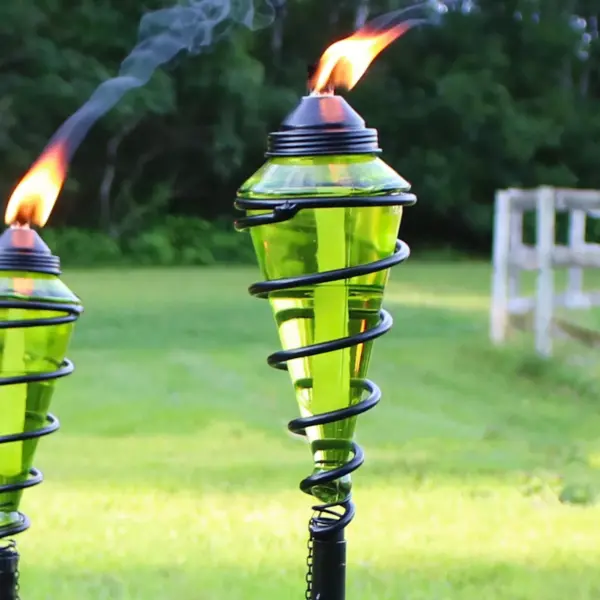 Sunnydaze Outdoor Adjustable Height Glass and Metal Swirl Patio and Lawn Citronella Torch Set - Green - 2pk