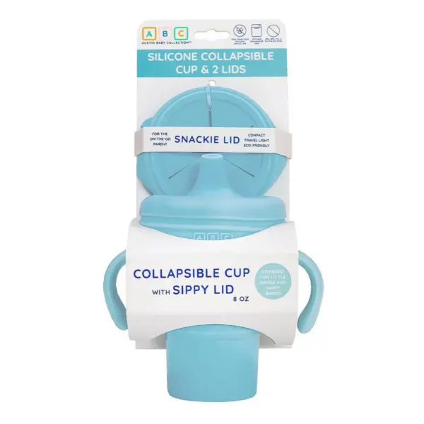 Austin Baby Collection Silicone Collapsible Cup Sippy & Snackie Lid Set- Sky Blue