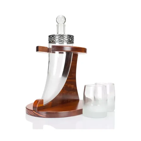 Atterstone Medieval Viking Horn Liquor Decanter Home Bar Set with Whiskey Stones, Drinking Glasses, and Custom Mahogany Display Stand