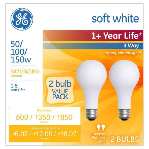 General Electric 50/100/150w 2pk 3 Way Long Life Incandescent Light Bulb White