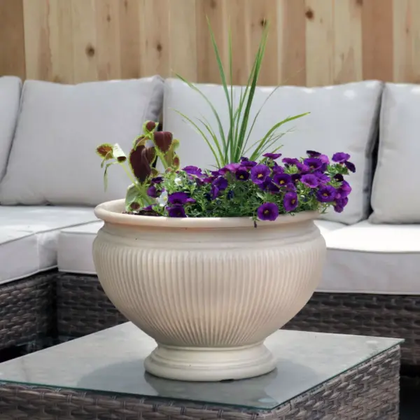 Sunnydaze Indoor/Outdoor Patio, Garden, or Porch Weather-Resistant Double-Walled Elizabeth Ribbed Urn Flower Pot Planter - 16" - Beige