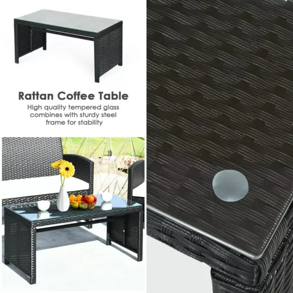 Costway 4PCS Patio Rattan Furniture Conversation Set Cushioned Sofa Coffee Table Black