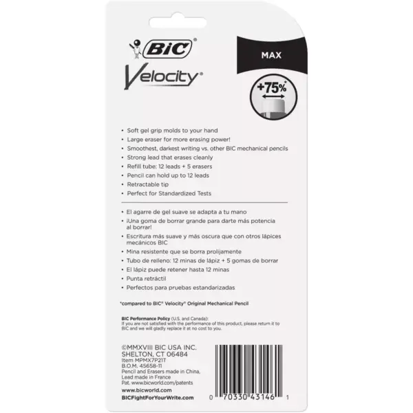 BIC Velocity Max Mechanical Pencil with Large Easer and Refills 0.7 mm Medium Point 2ct