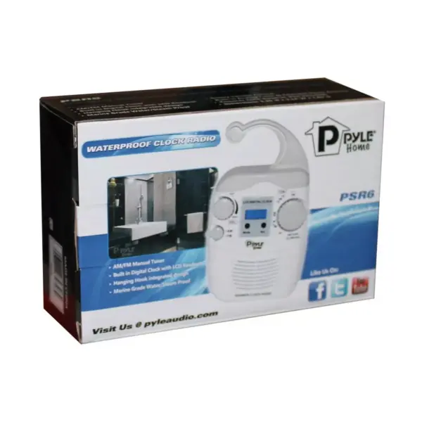 Pyle PSR6 LCD Digital Hanging Waterproof AM/FM Shower Clock Radio, White