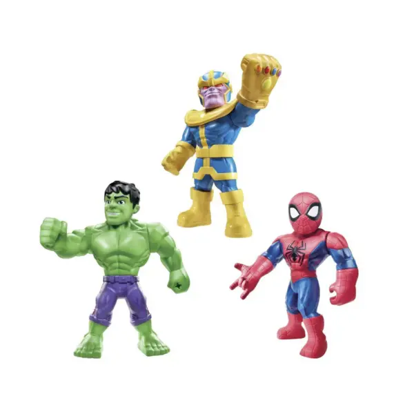 Playskool Heroes Marvel Super Hero Adventures Mega Mighties 10-Inch 3 Pack, Thanos, Spider-Man, Hulk, Ages 3 and Up