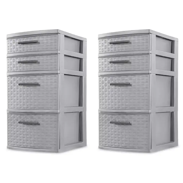 Sterilite 26226A02 Plastic 4 Drawer Organizer Storage Tower with Medium Weave Drawer Fronts and Easy-Pull Handles, Gray (2 Pack)