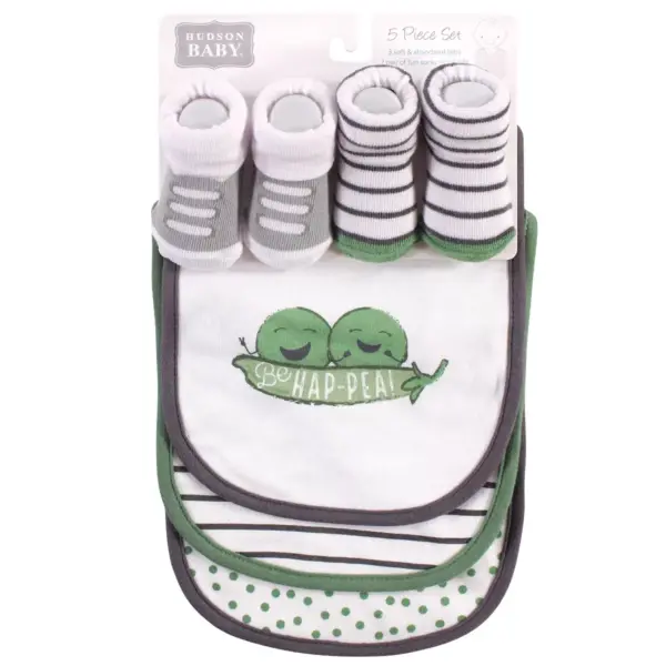 Hudson Baby Infant Cotton Bib and Sock Set 5pk, Peas, One Size