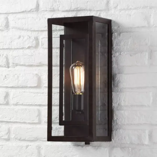 Possini Euro Design Modern Outdoor Wall Light Fixture Bronze Double Box 15 1/2" Clear Glass Exterior House Deck