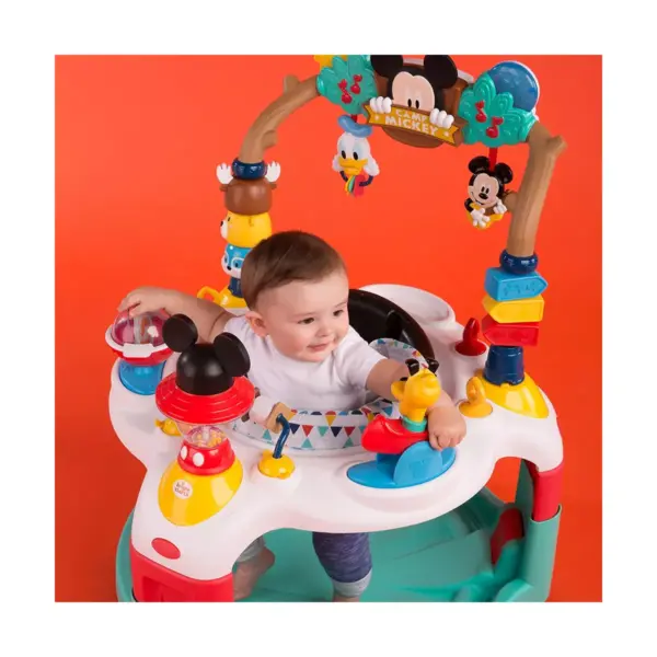 Bright Starts Mickey Mouse and Friends Camping Baby Bouncer Activity Play Center with Musical Sounds and Lights, For 6 to 12 Months