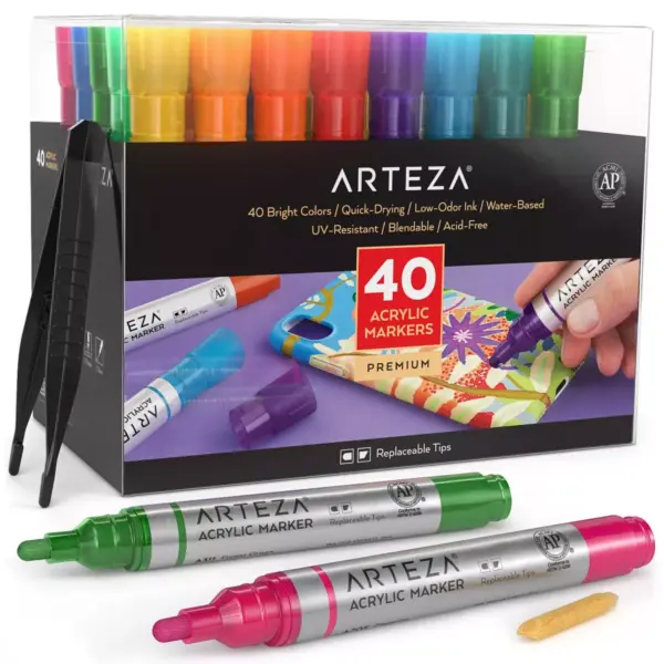 Arteza Premium Acrylic Artist Marker Set, Classic Hues and Metallic Colors, Replaceable Tips - 40 Pack (ARTZ-9219)