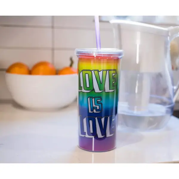 Silver Buffalo Love is Love Rainbow Carnival Cup With Glitter Lid And Straw | Holds 20 Ounces