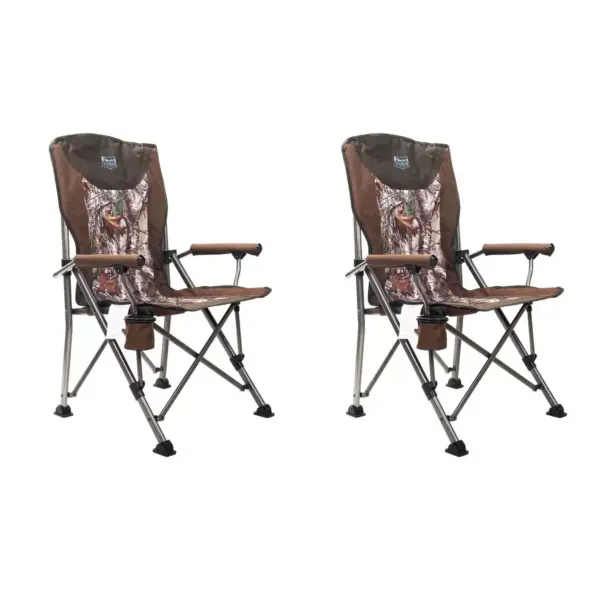 Timber Ridge Indoor Outdoor Portable Lightweight Folding Camping High Back Lounge Chair with Cup Holders, Camo (2 Pack)