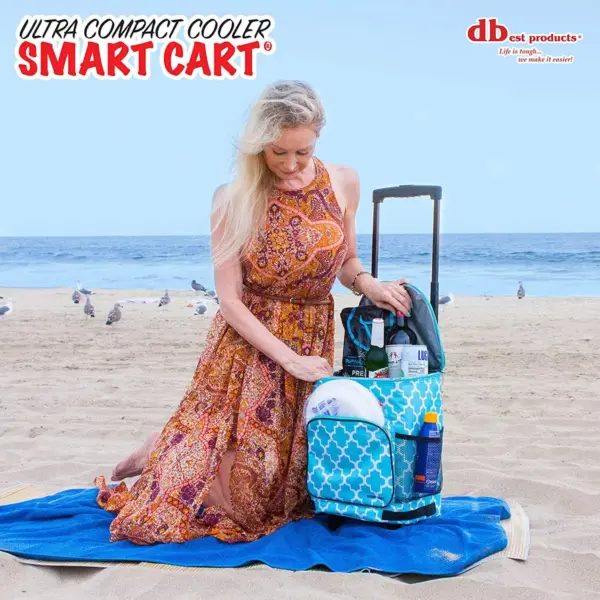 dbest products Ultra Compact Standard Insulated 36 Can Smart Cart Soft Sided Rolling Cooler with Wheels and Handle, Blue Moroccan Tile