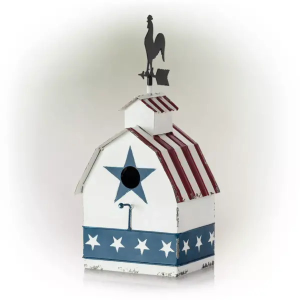 18" Iron Patriotic Birdhouse With Rooster Vane Top - Alpine Corporation