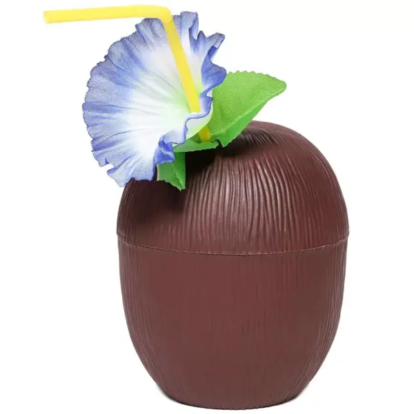 12-Pack Juvale Coconut Cups with Straws & Hawaiian Hibiscus Flower Decorate, 16oz Food Grade PVC Cup, Ideal for Tropical Luau Party Supplies