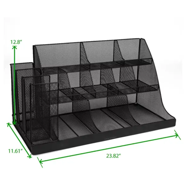 Mind Reader 14 Compartment 3 Tier Large Breakroom Condiment Organizer, Black Metal Mesh