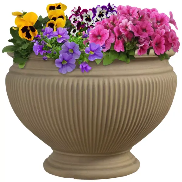 Sunnydaze Indoor/Outdoor Patio, Garden, or Porch Weather-Resistant Double-Walled Elizabeth Ribbed Urn Flower Pot Planter - 16" - Beige