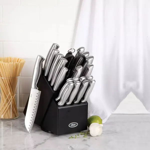 Oster Baldwyn 22 Piece Stainless Steel Cutlery Set with Stainless Steel Handles and Wooden Block