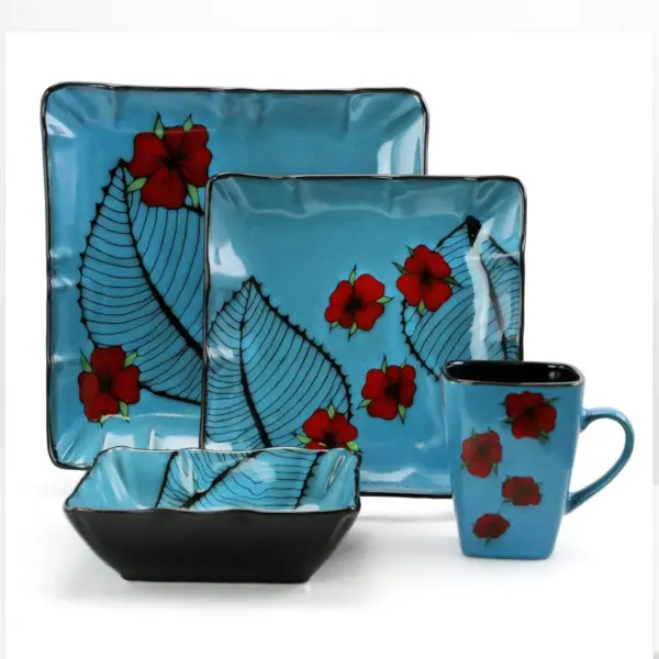 16pc Stoneware Tropical Bloom Square Dinnerware Set Red/Blue - Elama