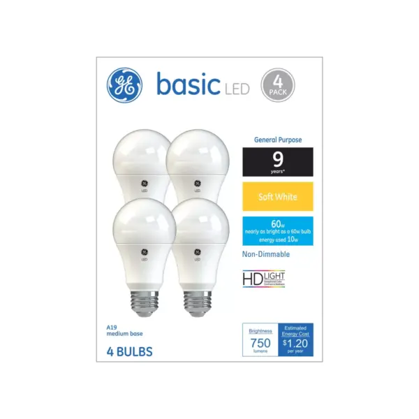 General Electric 4pk 60W Basic LED Light Bulb SW Dimming Reg Life