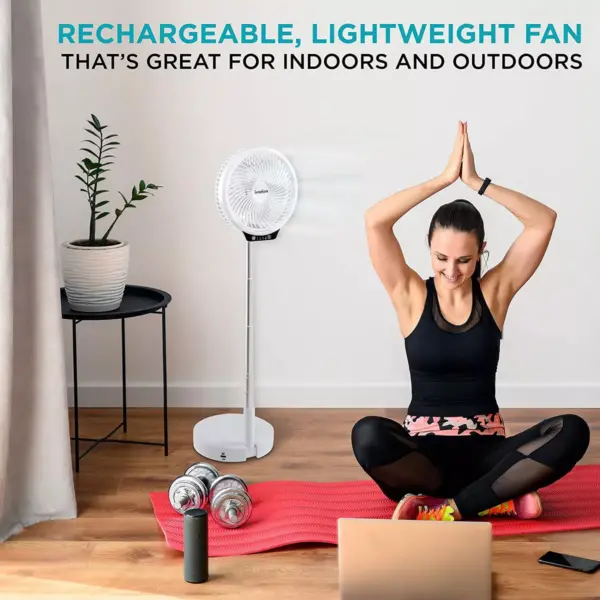 Ivation Rechargeable Personal Fan with LED Light | Compact Convertible Desk, Table & Pedestal Floor Fan with 39.5” Adjustable Height, LED Lamp, 3-Speed Touch Control & USB Phone Charging Port | White