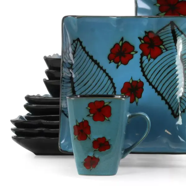 16pc Stoneware Tropical Bloom Square Dinnerware Set Red/Blue - Elama