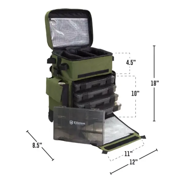 Elkton Outdoors Rolling Waterproof Fishing Tackle Box Backpack Storage Bag with 5 Removable 3600 Tackle Trays and Side Pockets, Green