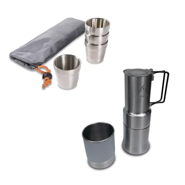 nCamp Basic 6 Ounce Stainless Steel Stackable Cups Camping Set and Carry Bag (4 Pack) Bundle with Outdoor Camping Espresso Style Café Coffee Maker