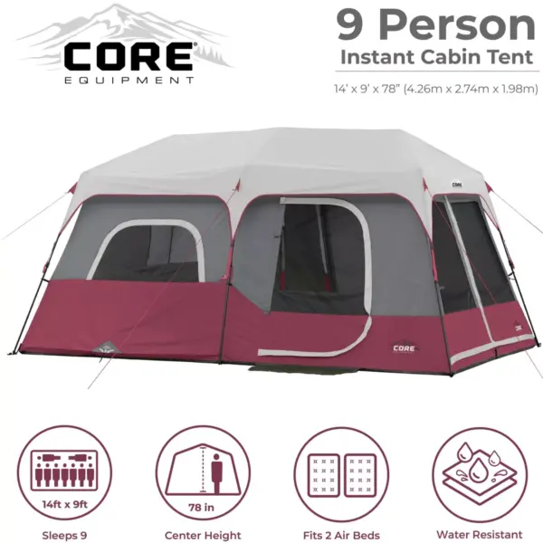 CORE Instant Cabin 14 x 9 Foot 9-Person Water Resistant Family Cabin Tent with Rain Fly, Carry Bag and 60 Second Assembly for Camping, Hiking, Red