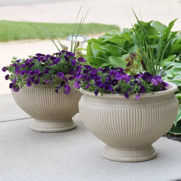 Sunnydaze Indoor/Outdoor Patio, Garden, or Porch Weather-Resistant Double-Walled Elizabeth Ribbed Urn Flower Pot Planter - 16" - Beige - 2pk