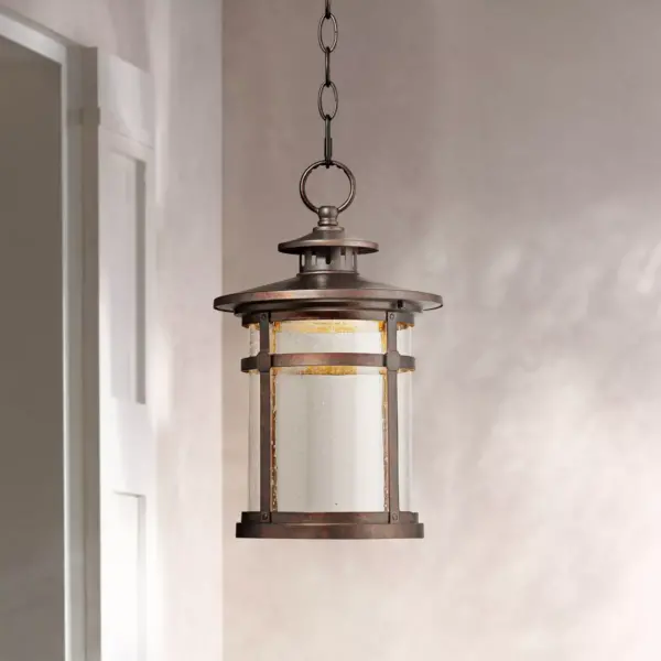 Franklin Iron Works Rustic Outdoor Ceiling Light Hanging Lantern LED Bronze 13 1/2" Clear Seedy Glass for Exterior Porch Patio