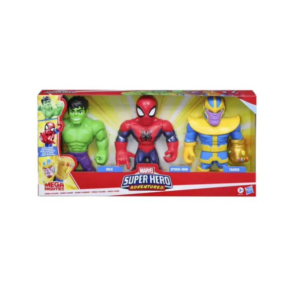 Playskool Heroes Marvel Super Hero Adventures Mega Mighties 10-Inch 3 Pack, Thanos, Spider-Man, Hulk, Ages 3 and Up