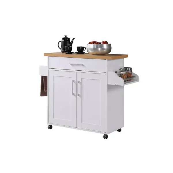 Hodedah Wheeled Kitchen Island with Spice Rack and Towel Holder, White/Beech