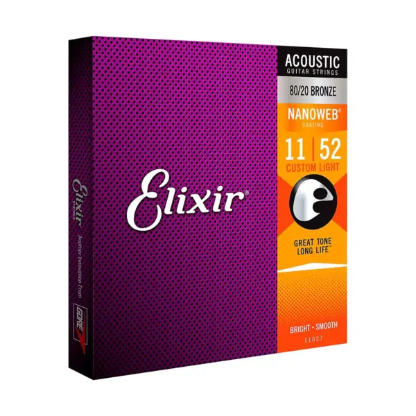 Elixir 80/20 Bronze Acoustic Guitar Strings with NANOWEB Coating, Custom Light (.011-.052)