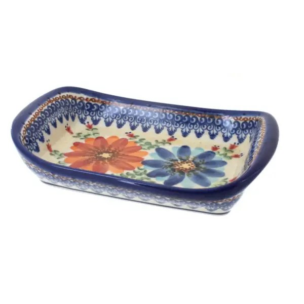 Blue Rose Polish Pottery Autumn Burst Small Rectangular Tray with Handles