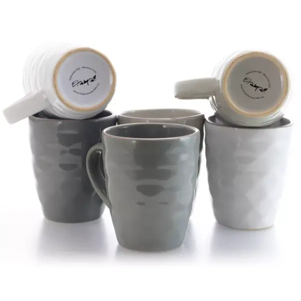 12oz 6pk Stoneware Multi-Diamond Mug Set with Stand Gray - Elama