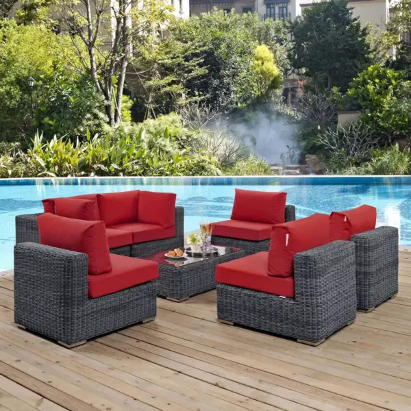 Summon 7pc Outdoor Patio Sectional Set with Sunbrella Fabric - Red - Modway