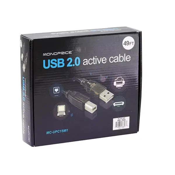 Monoprice USB 2.0 Cable - 49 Feet - Black | USB Type-A to USB Type- B, Active, 28/24AWG