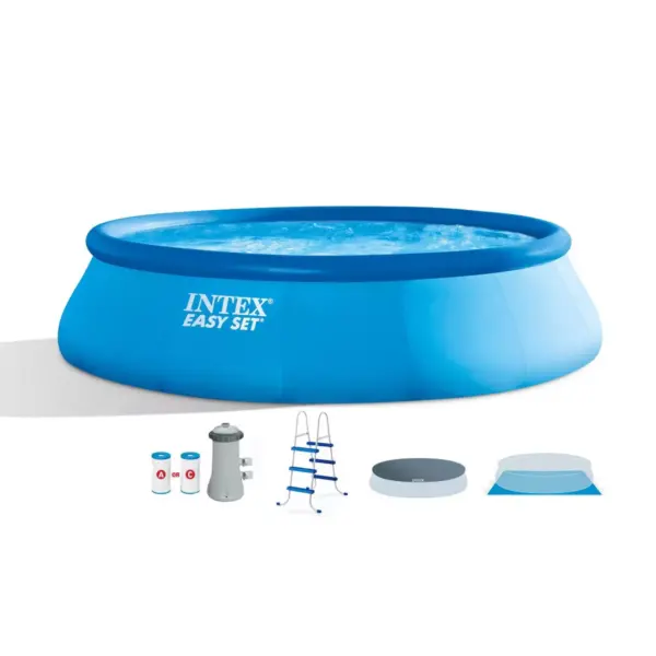 Intex 26165EH 15ft x 42in Above Ground Inflatable Swimming Pool Bundle with Pump, Ladder, Cover, and 50 Pound Bucket of Chlorine Tablets