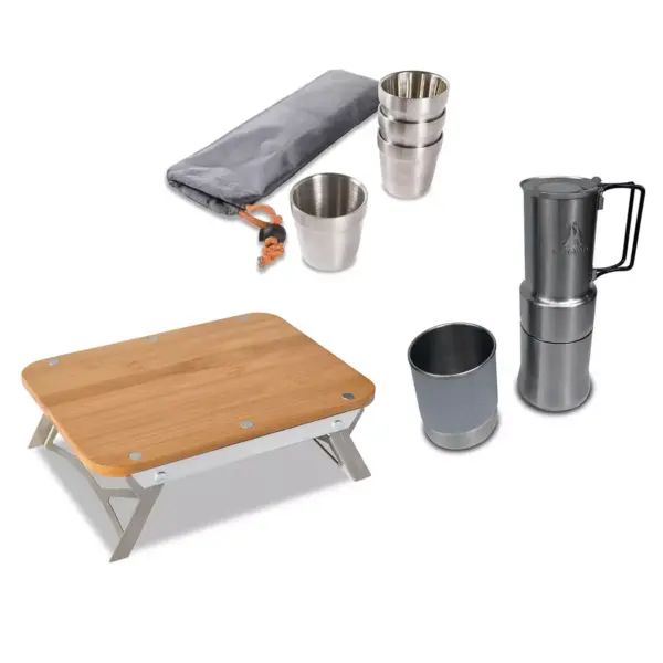 nCamp Basic 4 Pack 6 Oz Stainless Steel Cups Bundle with Portable Outdoor Elevated Prep Cutting Board Surface and Camping Espresso Coffee Maker