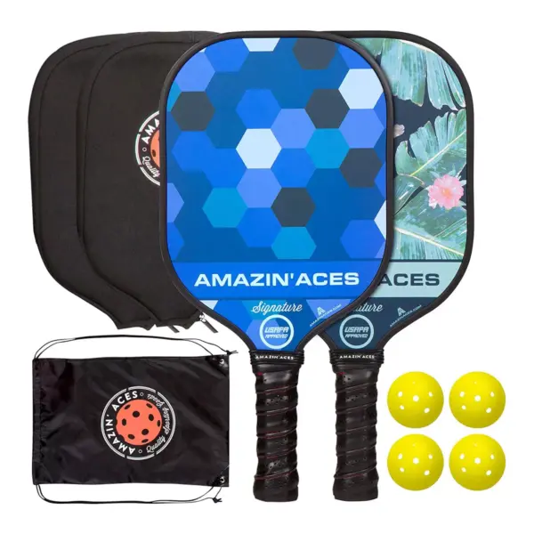 Amazin Aces Signature Pickleball Set with 2 Graphite Face Paddles, 4 Balls, Paddle Covers, and Carry Bag, Blue and Green